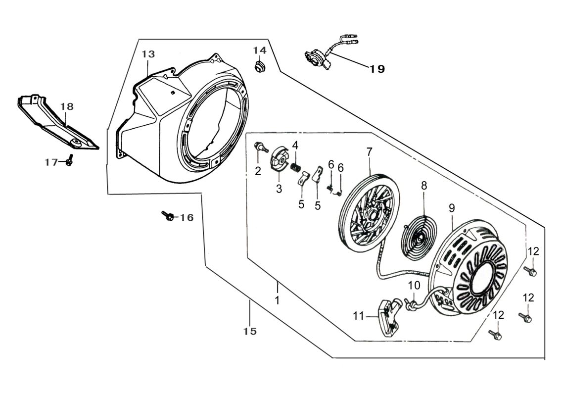 ЗАПЧАСТИ ДЛЯ МОТОПОМПЫ БЕНЗИНОВОЙ ELITECH МБ 1600 Д 10 (СТАРТЕР РУЧНОЙ)