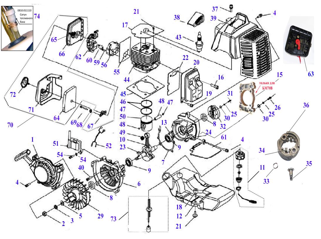 ЗАПЧАСТИ ДЛЯ МОТОБУРА БЕНЗИНОВОГО ELITECH БМ 70Н (ДВИГАТЕЛЬ)